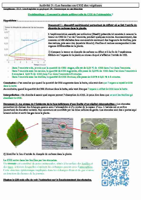 Activité 3 : Les besoins en CO2 des végétaux