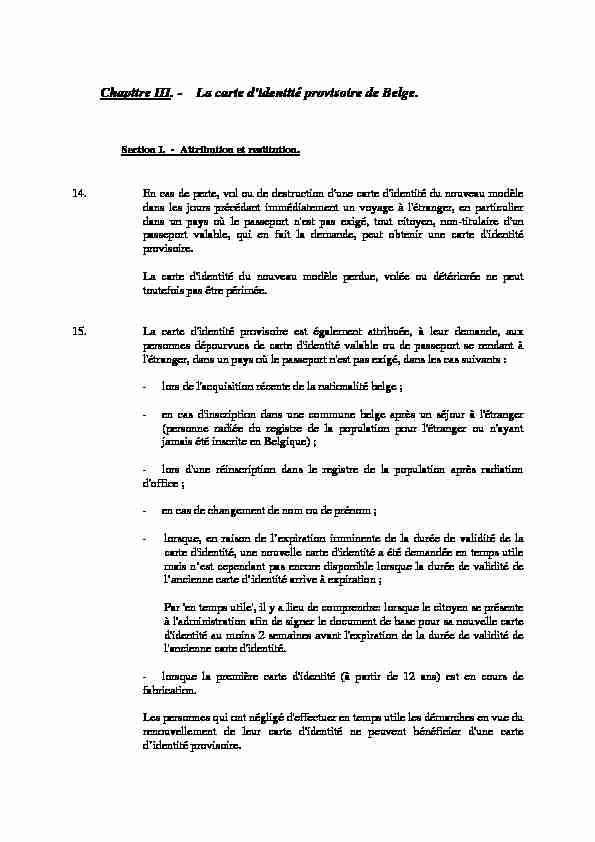 Chapitre III. - La carte didentité provisoire de Belge. - Section I