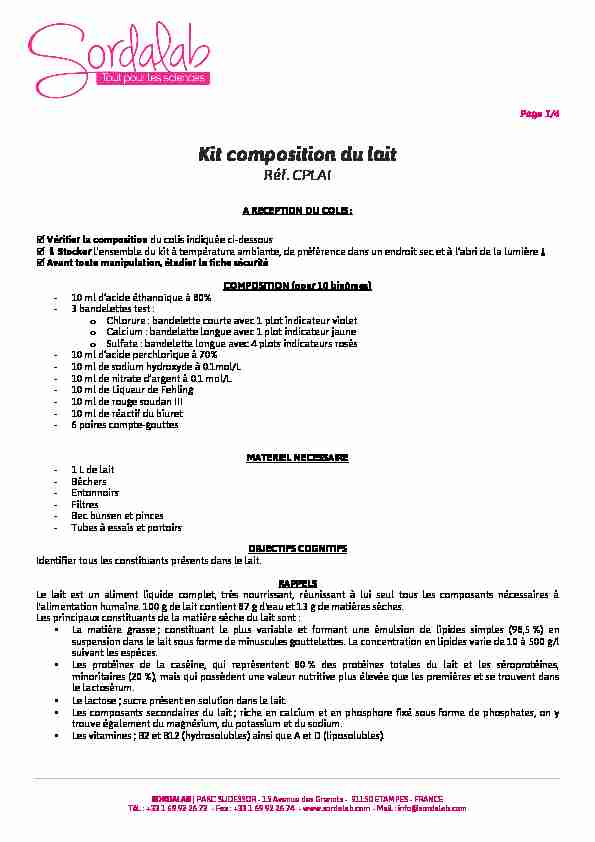 [PDF] Kit composition du lait - SORDALAB
