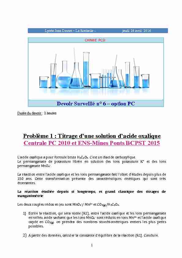 Problème 1 : Titrage dune solution dacide oxalique Centrale PC
