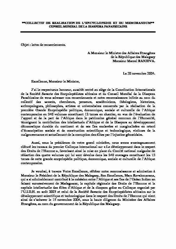 [PDF] lettre de remerciements A Monsieur le Ministre  - Mémoire dAfrique