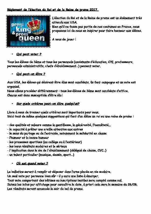 [PDF] Règlement de lélection du Roi et de la Reine de promo 2017 L