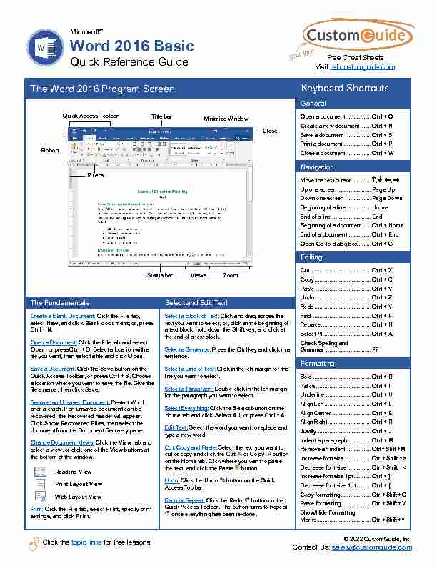 Microsoft Word 2016 Basic Quick Reference