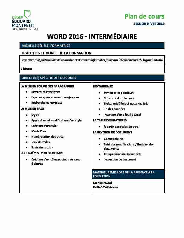 Plan de cours WORD 2016 ? INTERMÉDIAIRE