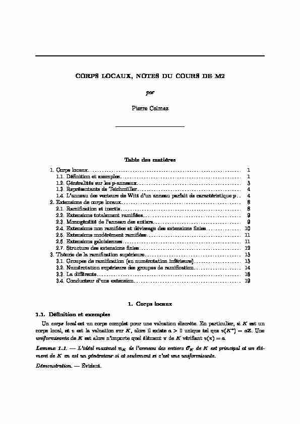 [PDF] CORPS LOCAUX, NOTES DU COURS DE M2 par Pierre Colmez