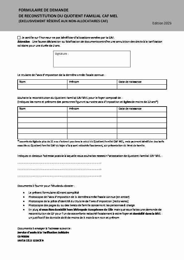 [PDF] Demande de reconstitution du Quotient Familial CAF MEL - Ilevia
