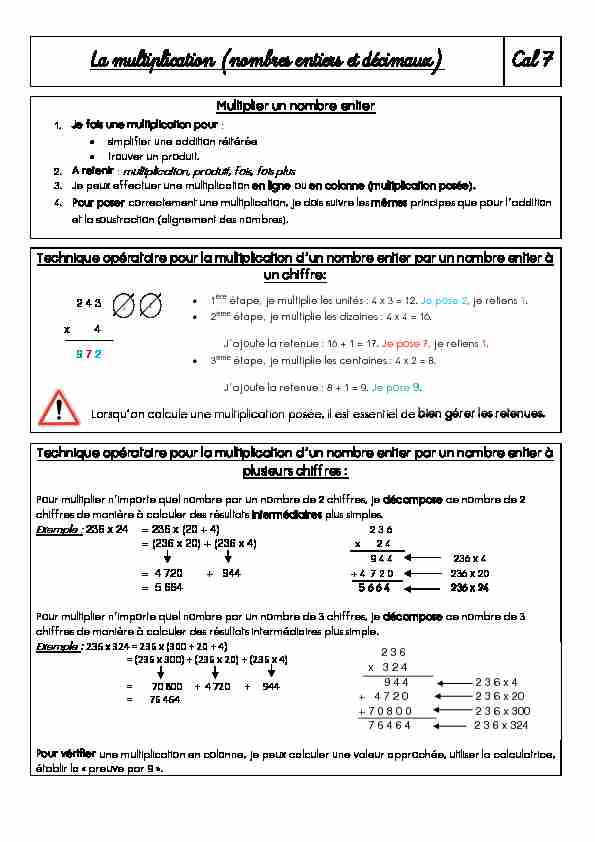 [PDF] La multiplication (nombres entiers et décimaux) Cal 7