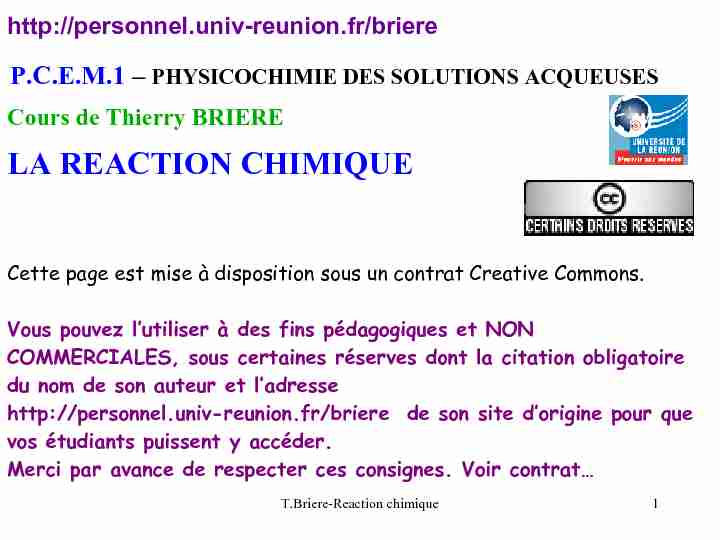 Cours de Thierry Briere - LA REACTION CHIMIQUE