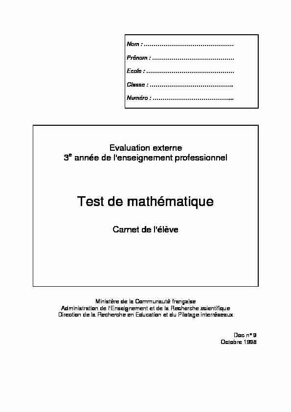 Evaluation externe 3e professionnel - Test de mathematique