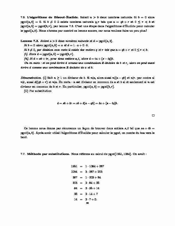 [PDF] 76 Lalgorithme de Bézout-Euclide Soient a > b deux nombres
