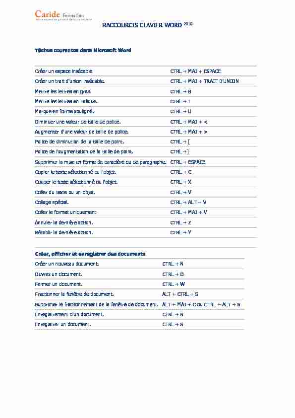 [PDF] RACCOURCIS CLAVIER WORD 2010 - Caride Formation
