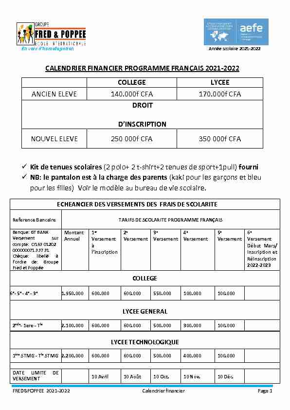 Calendrier financier programmation français 2021-2022 COLLEGE