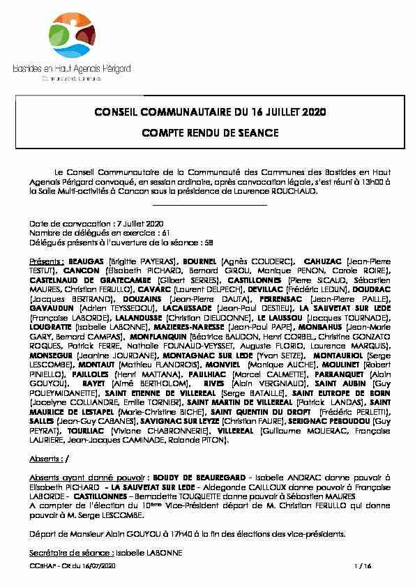 CONSEIL COMMUNAUTAIRE DU 16 JUILLET 2020 COMPTE