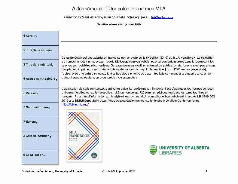 [PDF] Aide-mémoire - Citer selon les normes MLA - University of Alberta