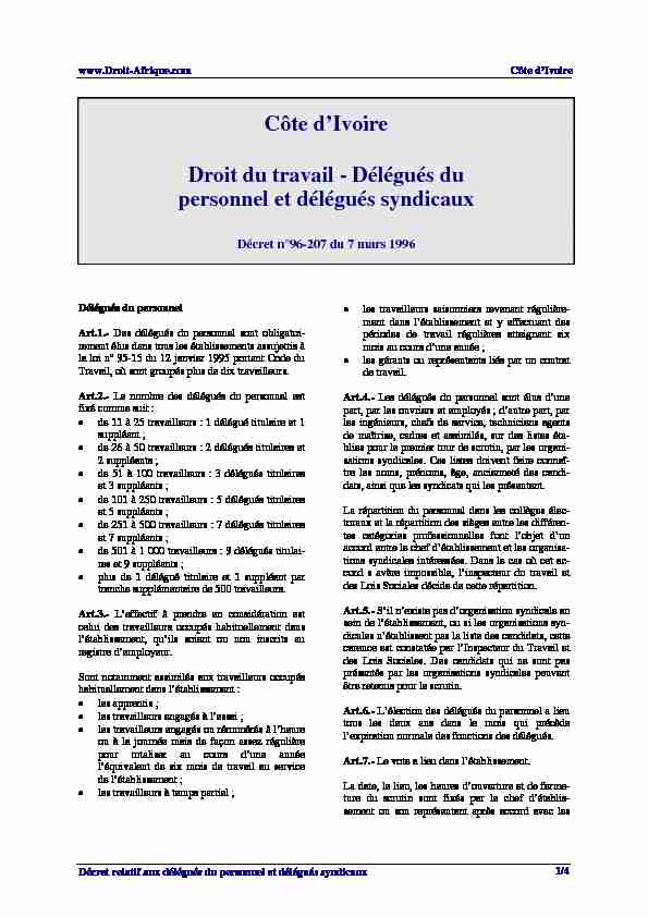 Côte dIvoire Droit du travail - Délégués du personnel et délégués