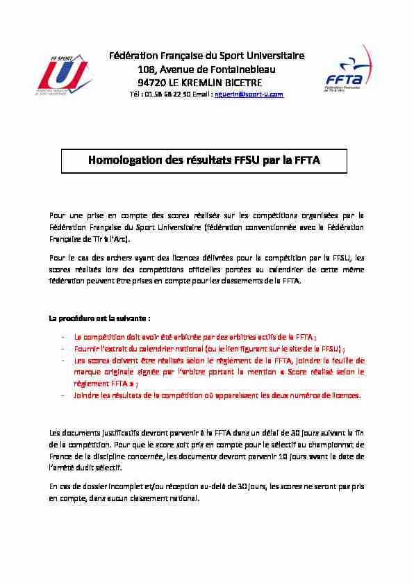 [PDF] Homologation des résultats FFSU par la FFTA - Fédération