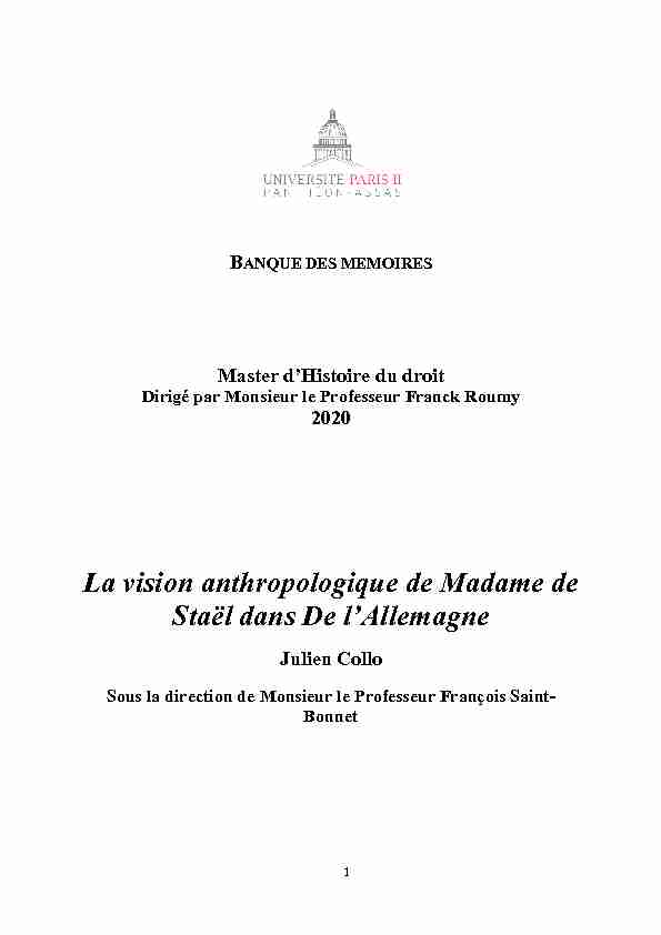 La vision anthropologique de Madame de Staël dans De lAllemagne