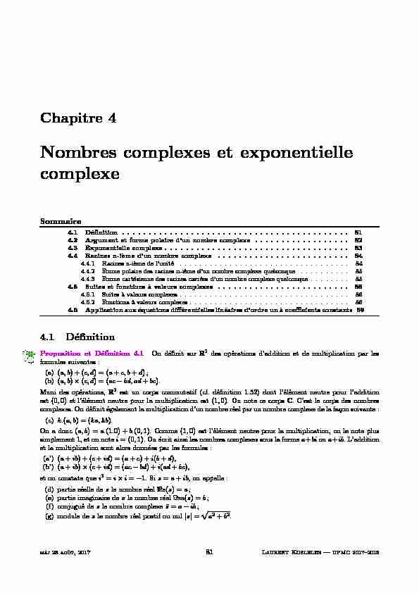 [PDF] Chapitre 4 Nombres complexes et exponentielle complexe