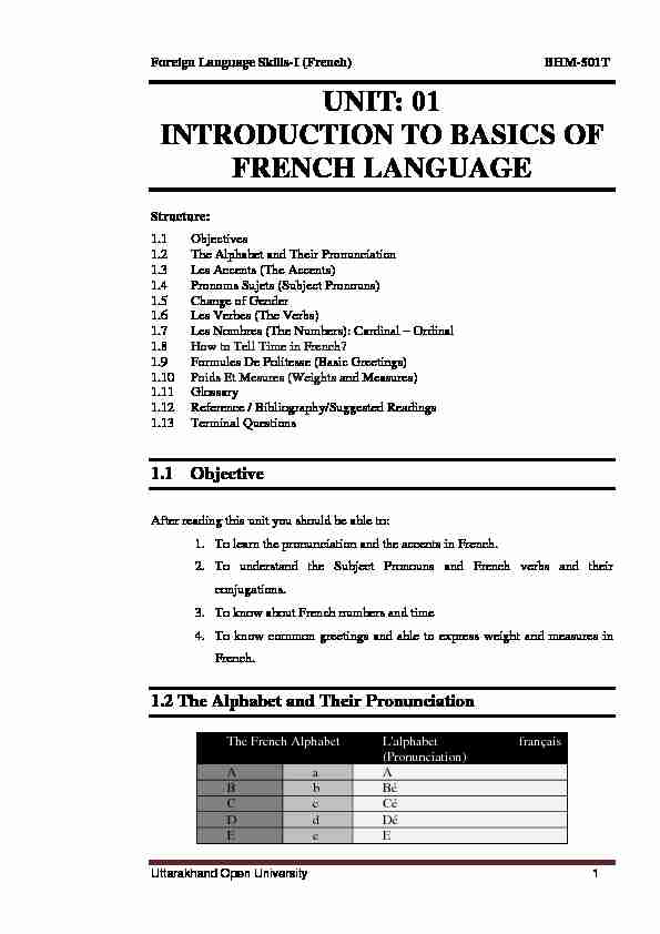 UNIT: 01 INTRODUCTION TO BASICS OF FRENCH LANGUAGE