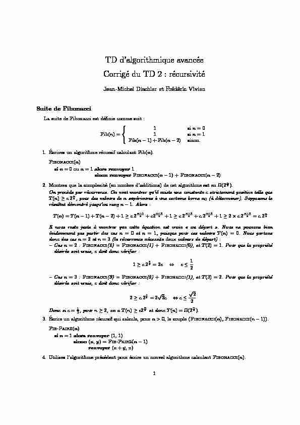 TD dalgorithmique avancée Corrigé du TD 2 : récursivité
