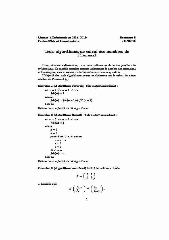 [PDF] Trois algorithmes de calcul des nombres de Fibonacci - LaBRI