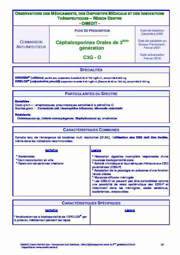 [PDF] Céphalosporines Orales de 3 génération C3G - O - OMéDIT Centre