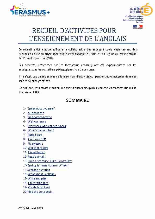 RECUEIL DACTIVITES POUR LENSEIGNEMENT DE LANGLAIS