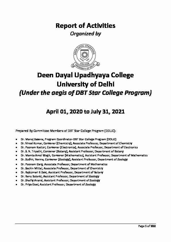 Report of Activities Deen Dayal Upadhyaya College University of Delhi