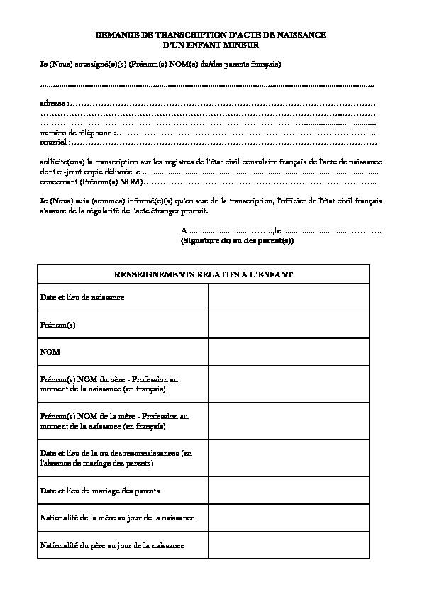 [PDF] DEMANDE DE TRANSCRIPTION DACTE DE NAISSANCE DUN