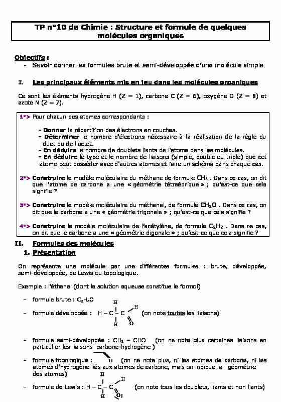 TP n°10 de Chimie : Structure et formule de quelques molécules