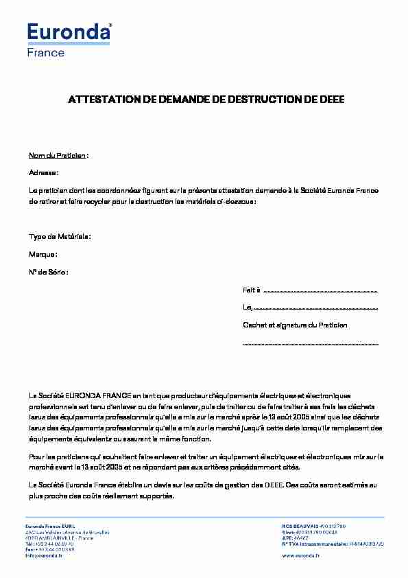 [PDF] ATTESTATION DE DEMANDE DE DESTRUCTION DE  - Euronda
