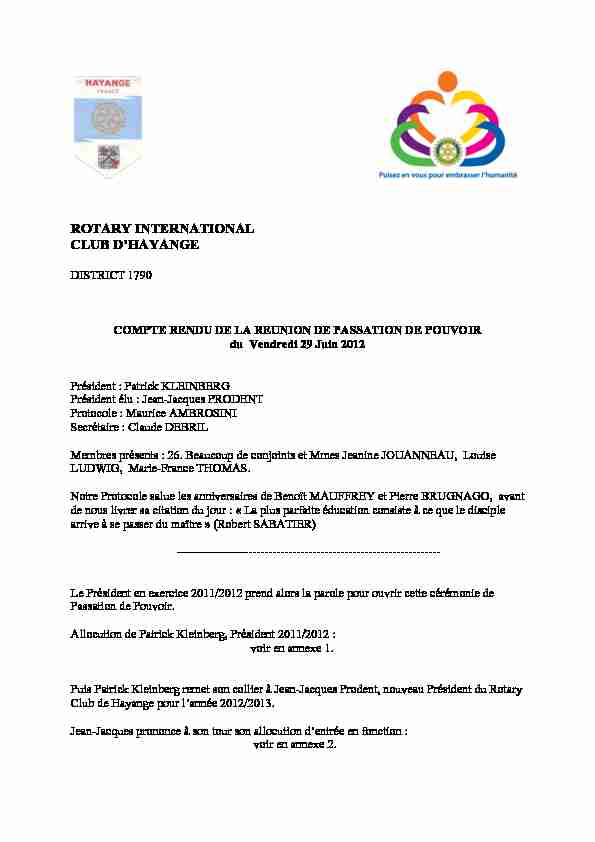 Rotary C.R. Passation de Pouvoir du 29.06.2012