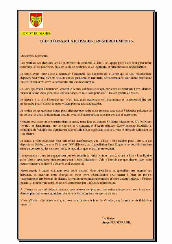 ELECTIONS MUNICIPALES : REMERCIEMENTS