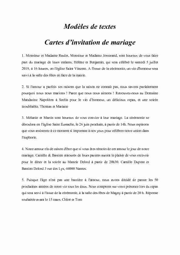 [PDF] Modèles de textes Cartes dinvitation de mariage - Popcarte