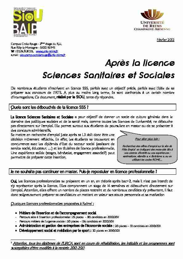 [PDF] Après la licence Sciences Sanitaires et Sociales