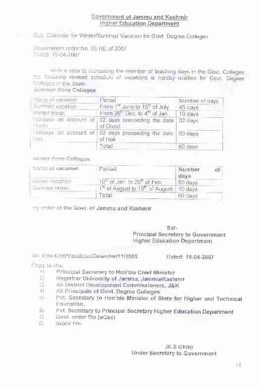 Sub: Calendar for Winter/Summer Vacation for Govt. Degree Colleges