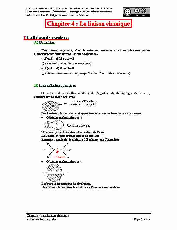 [PDF] Chapitre 4 :La liaison chimique - Melusine