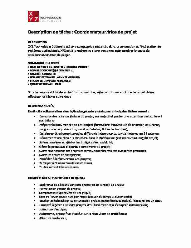 [PDF] Description de tâche : Coordonnateurtrice de  - XYZ Technologie
