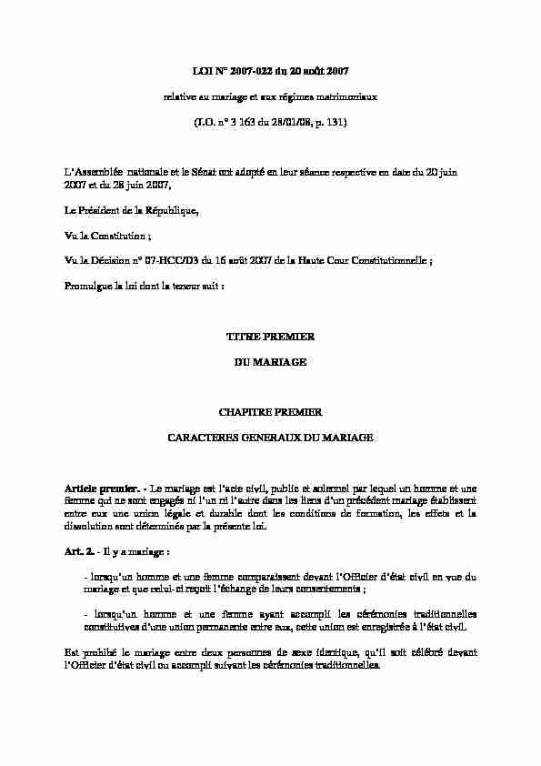 Madagascar - Loi n°2007-22 du 20 août 2005 relative au mariage et
