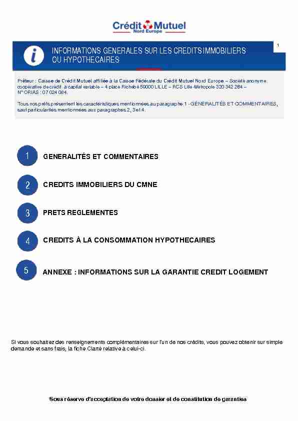 INFORMATIONS GENERALES SUR LES CREDITS IMMOBILIERS