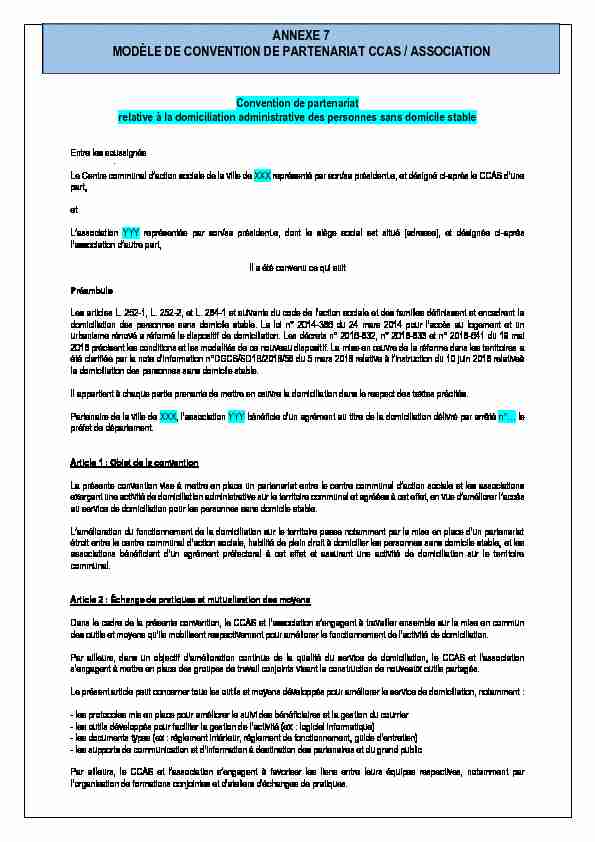 ANNEXE 7 MODÈLE DE CONVENTION DE PARTENARIAT CCAS