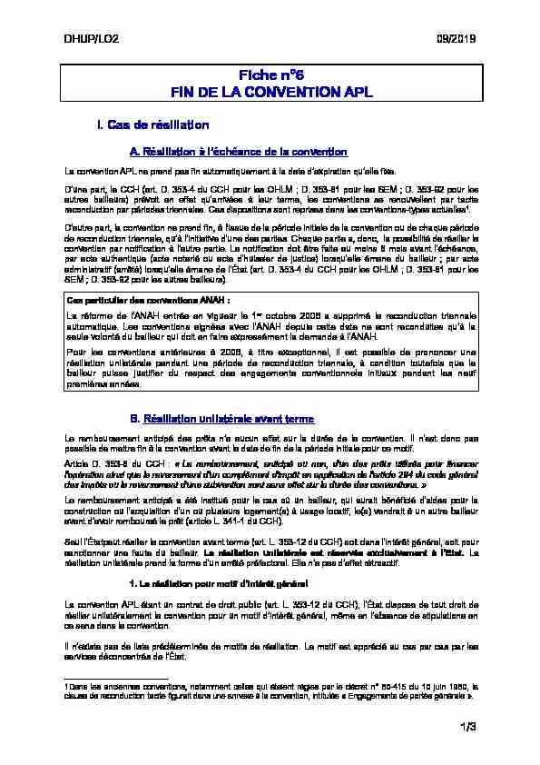 Fiche n°6 FIN DE LA CONVENTION APL - Logement