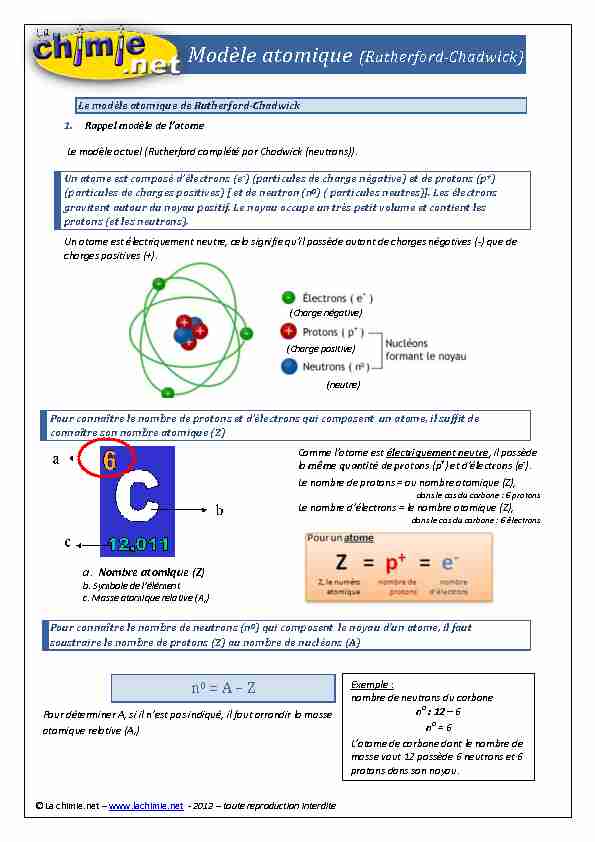[PDF] Modèle atomique (Rutherford-Chadwick) n0 = A – Z - La Chimienet