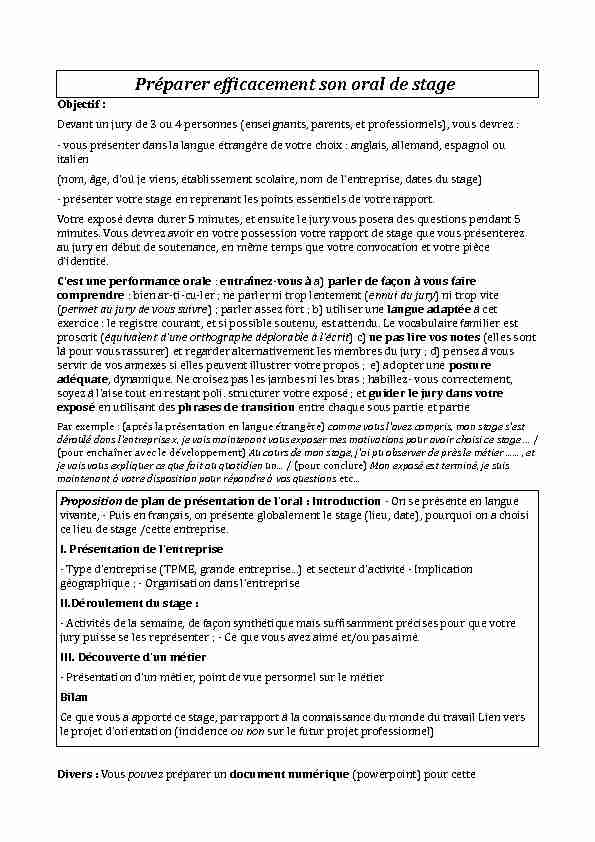 [PDF] Preparer efficacement son oral de stage - Collège Gustave Monod