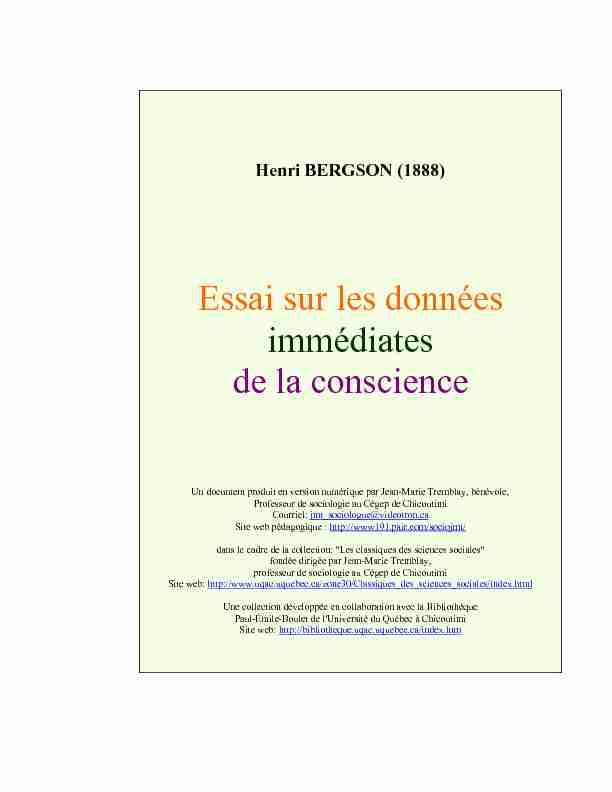 Henri Bergson Essai sur les données immédiates de la conscience