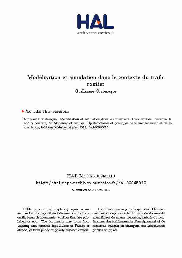 [PDF] Modélisation et simulation dans le contexte du trafic routier - CORE