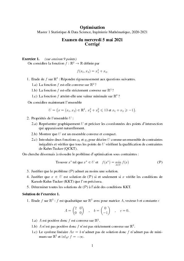 [PDF] Optimisation Examen du mercredi 5 mai 2021 Corrigé