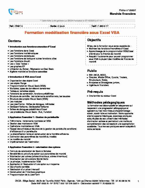 Formation modélisation financière sous Excel VBA