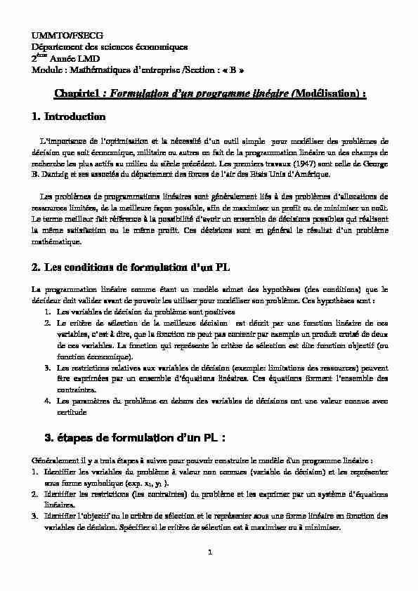 [PDF] Formulation dun programme linéaire (Modélisation) - UMMTO