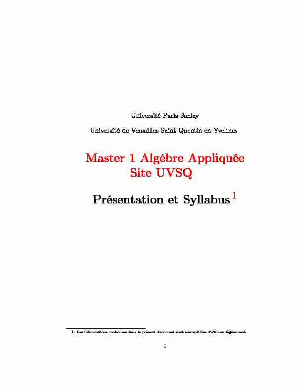 Master 1 Algébre Appliquée Site UVSQ Présentation et Syllabus